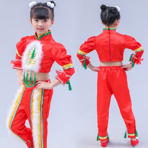 Chinese folk dance costumes  for girls children red colored new year celebration stage performance opening dancing cosplay costumes dresses